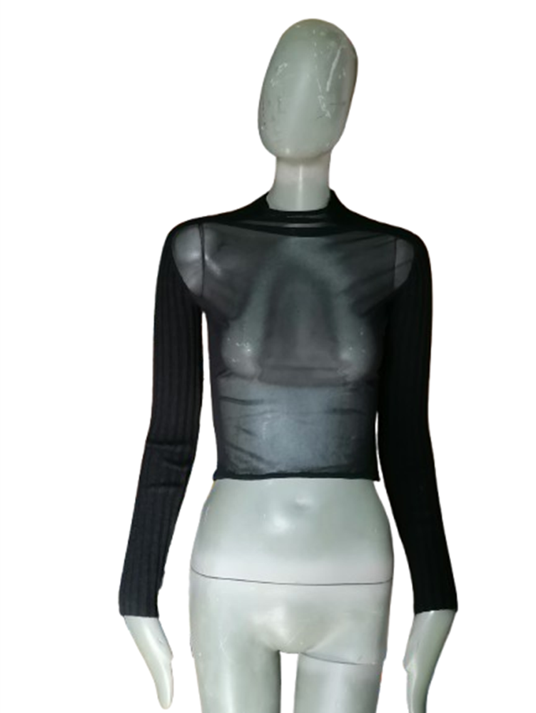 Top archive noir mesh transparent manches côtelées deadstock showroom