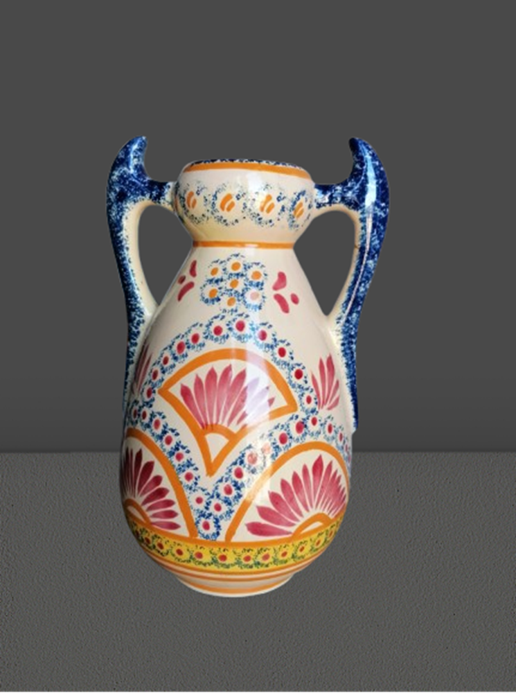 Ancien vase Henriot Quimper 24 cm – Faïence bretonne décor floral et personnage