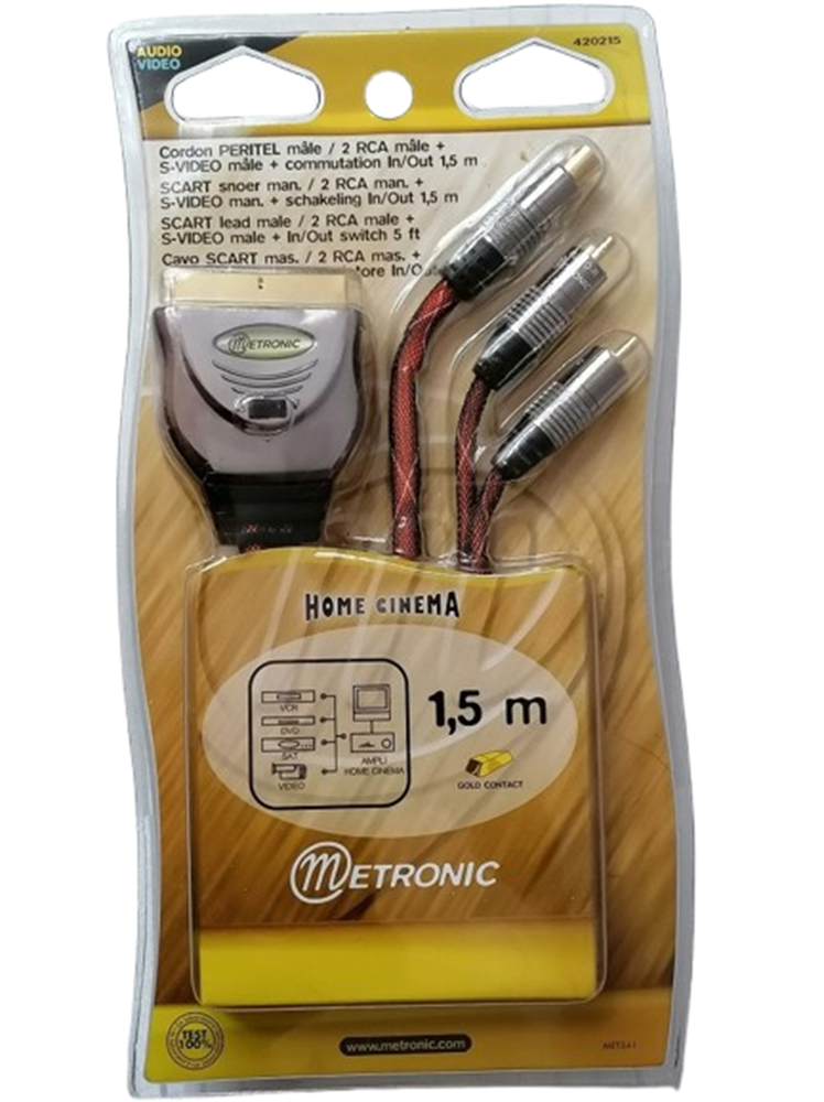 Câble Péritel SCART mâle vers 2 RCA + S-Vidéo mâle 1,5 m METRONIC – IN/OUT