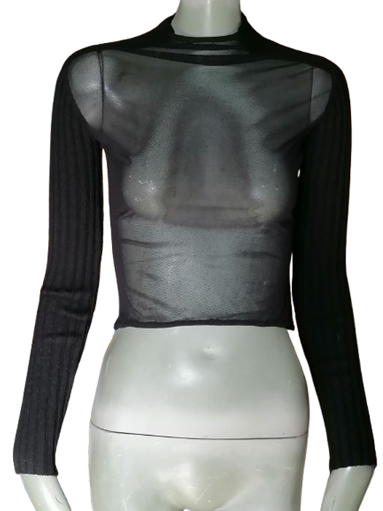 Top archive noir mesh transparent manches côtelées deadstock showroom