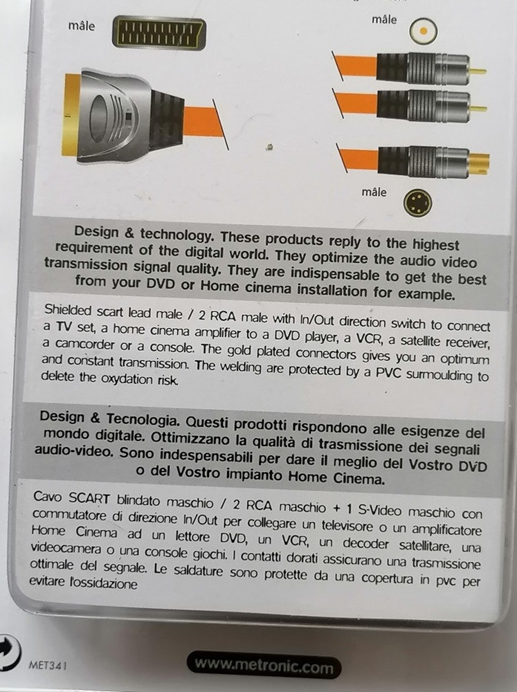 Câble Péritel SCART mâle vers 2 RCA + S-Vidéo mâle 1,5 m METRONIC – IN/OUT