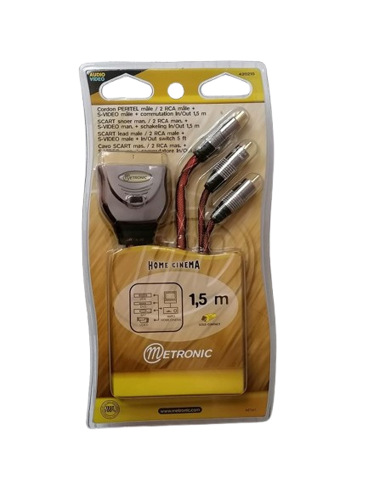 Câble Péritel SCART mâle vers 2 RCA + S-Vidéo mâle 1,5 m METRONIC – IN/OUT